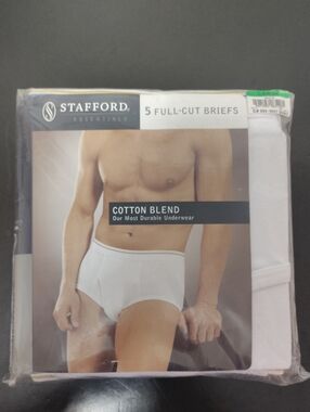 Vtg Stafford Men's White Cotton Blend Full-Cut Briefs - 5 Pack - Size Large